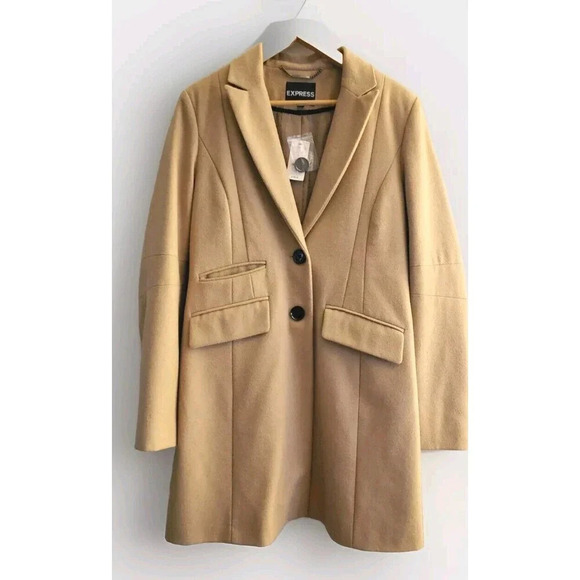 Express Pea CoatWomen's Medium Tan Lined Mid Length Wool Blend